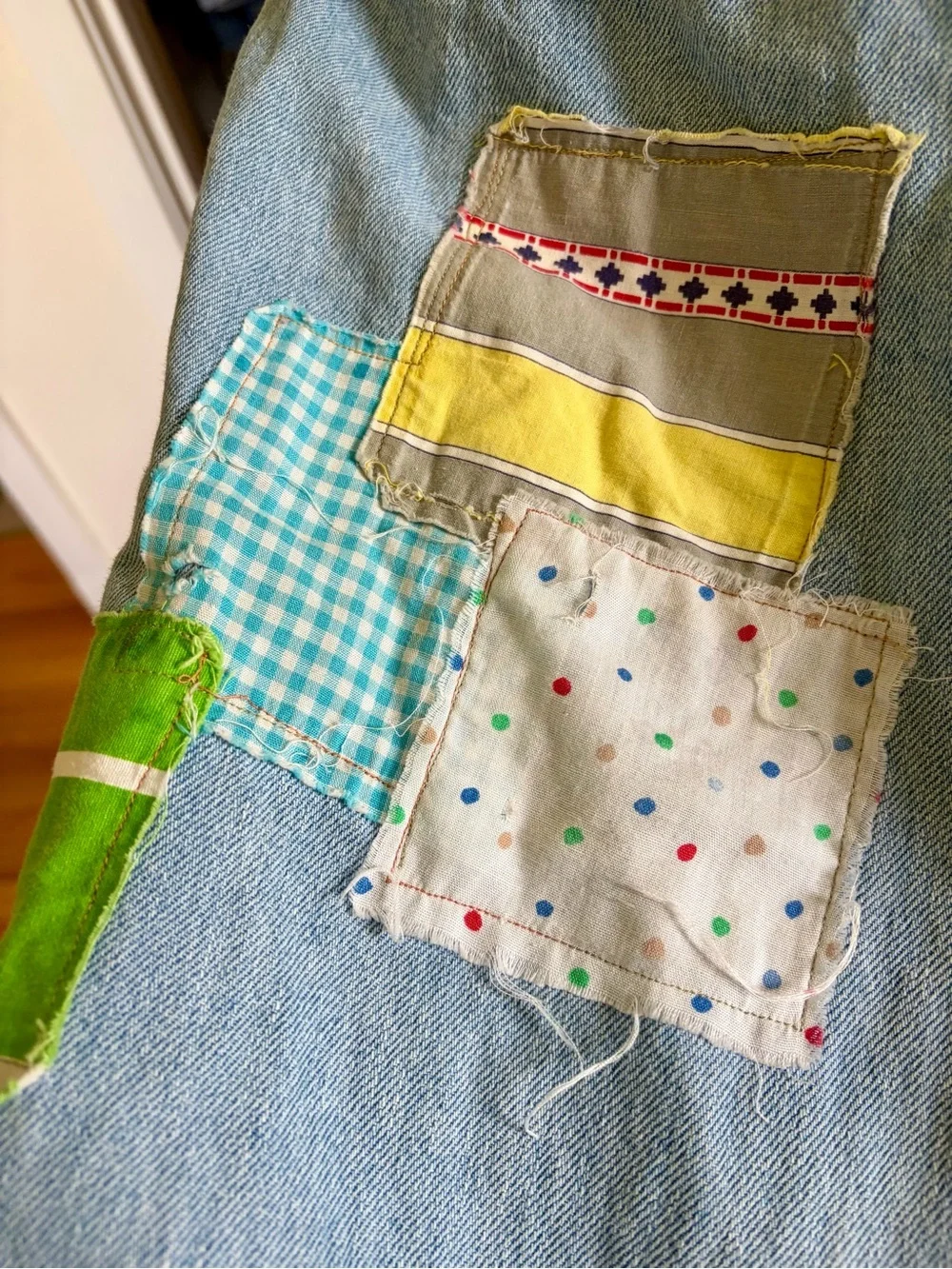 Adorable Old Navy Light Blue Denim Colorful Patchwork Overalls - Picture 12 of 13